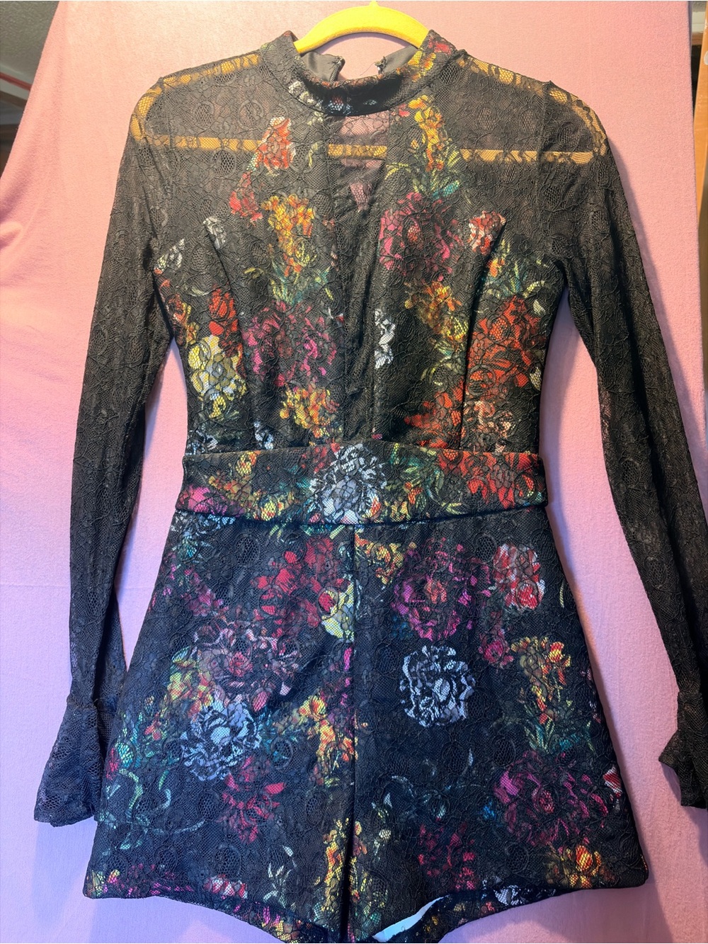 Guess Black Long-Sleeve Floral Lace Mini Dress with Multicolor Blooms